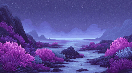 Tranquil Ocean Landscape: Experience the Serene Beauty of Coral Reefs and Starry Nights in This Enchanting Seascape Artwork