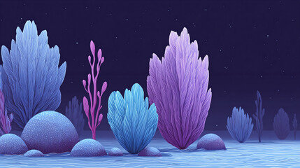 A Dreamy Underwater Landscape Enveloped in Vibrant Flora and Surreal Hues, Perfectly Capturing the Serenity and Tranquility of Aquatic Environments at Night