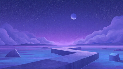 Explore the Dreamy Landscape Under a Starry Night Sky with a Serene Ocean, Clouds, and a Mysterious Moon - Perfect for a Peaceful Retreat into Nature's Beauty