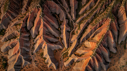 Layered rock formations in a desert landscape