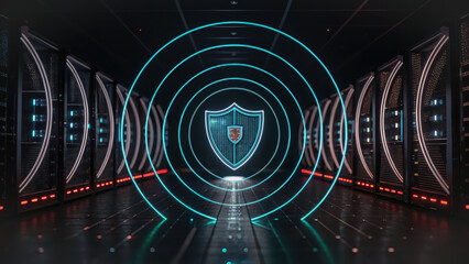 Quantum resistant encryption. Digital shield glowing in server room, symbolizing cybersecurity protection and data safety