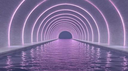 Explore an Enchanting Architectural Tunnel with Reflective Waters and Striking Pink Light, Creating a Harmonious Blend of Modern Design and Serene Ambiance