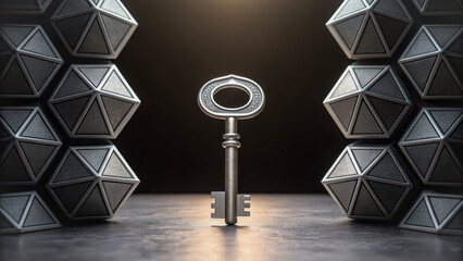 Quantum resistant encryption. metallic key stands upright between geometric structures, symbolizing security and innovation