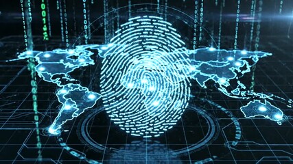 Digital fingerprint over a world map with binary code, representing cybersecurity and global data protection. - Powered by Adobe