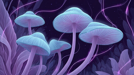 Explore the Enigmatic Beauty of Glowing Mushrooms in a Surreal Fantasy Landscape at Night, Showcasing Vibrant Colors and Ethereal Atmosphere