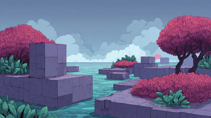 Surreal Landscape with Geometric Rocks and Vibrant Foliage by the Ocean at Sunset - An Ethereal Exploration of Nature's Colorful Palette