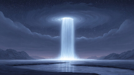 A Breathtaking Landscape Featuring an Ethereal Waterfall Illuminated by Stars, Capturing the Magic of Nature's Serenity and Mystical Beauty in a Dreamlike Night Sky