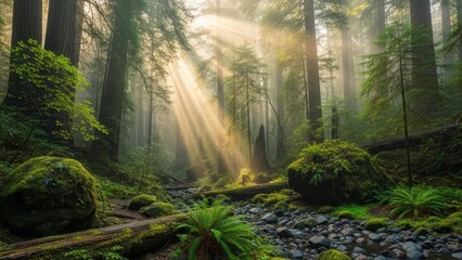 Fototapeta premium Serene forest landscape with sunbeams filtering through trees