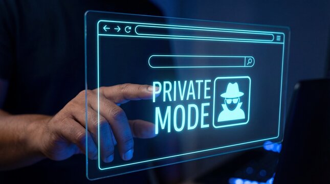 A person interacts with a virtual browser window displaying private mode and a security icon