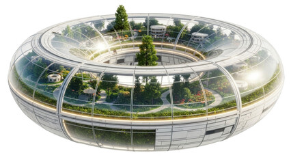 Futuristic toroidal greenhouse habitat with lush green trees and gardens biodome