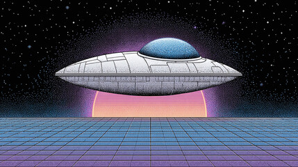 Explore the Cosmic Wonders: A Futuristic UFO Surrounded by Stars and a Vibrant Horizon in a Surreal and Imaginative Space Landscape