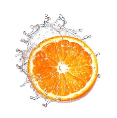 Fresh orange slice captured mid-splash, showcasing vibrant citrus flesh, glossy texture, and dynamic water droplets that emphasize freshness and juiciness.