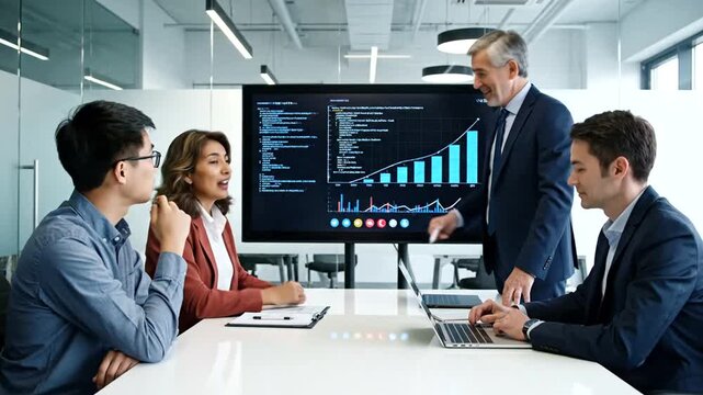 Diverse business team analyzing data and charts on a large screen in a modern office setting.