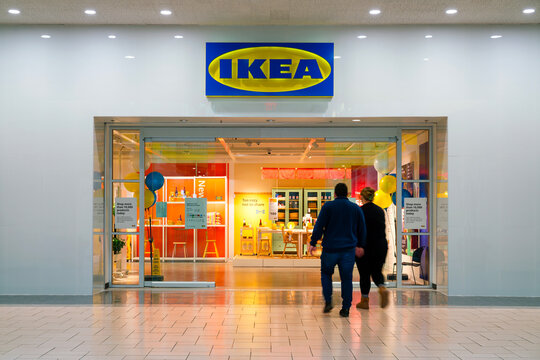Syracuse, NY - Dec 18, 2025: IKEA store entrance with showroom displays and promotional balloons during seasonal home furnishing campaigns. IKEA originated in Sweden, with over 460 stores worldwide