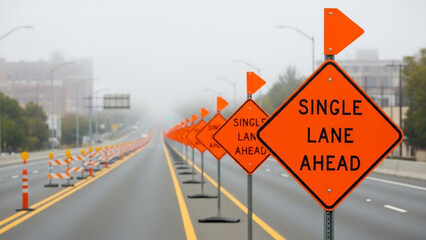 Road signs indicating single lane ahead on a foggy highway