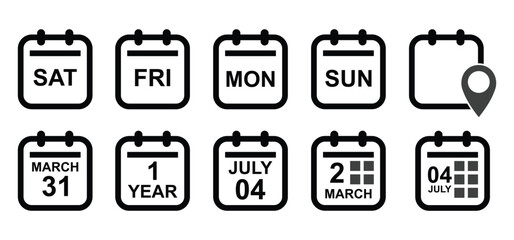 A set of calendar icon logos, diary symbols, containing schedule, date, agenda, event, month, and week icons. Black and white vector design.