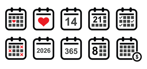 A set of calendar icon logos, diary symbols, containing schedule, date, agenda, event, month, and week icons. Black and white vector design.