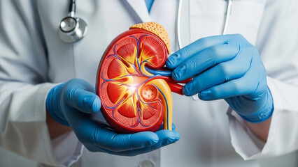 Doctor holding kidney model for medical education and demonstration