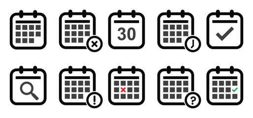 A set of calendar icon logos, diary symbols, containing schedule, date, agenda, event, month, and week icons. Black and white vector design.