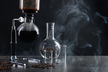 Brewing aromatic coffee in vacuum coffeemaker, laboratory glassware and beans at grey table against dark background with smoke, closeup. Space for text