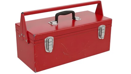 Red metal toolbox with handle and latches