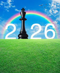 2026 white text with black chess king on green grass field over rainbow, birds and blue sky with white clouds, Happy new year 2026 strategy and success concept