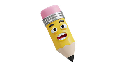 3D cartoon pencil character with surprised expression on transparent background