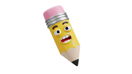 3D cartoon pencil character with surprised expression on transparent background