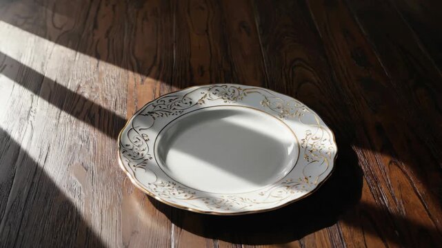 A white and gold plate with intricate designs is resting on the wooden floor. The sun is shining through the window behind it, casting shadows and highlighting its details.