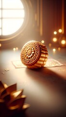 Obraz premium Cinematic golden mooncake with elegant floral pattern and warm glowing light, luxury Asian festival food concept for branding and product design.