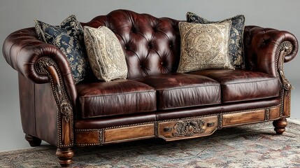 Luxurious leather sofa with ornate detailing and decorative pillows