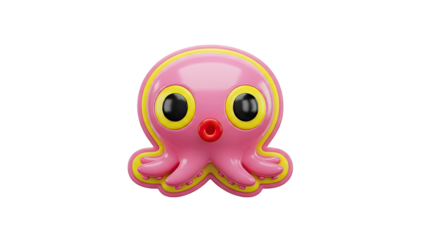 3D Cute cartoon pink octopus with yellow outline on transparent background