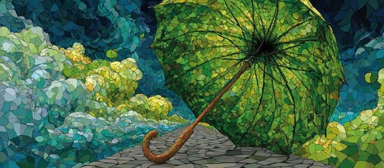 A leaf-covered umbrella on a stone path amidst a mosaic-like sky