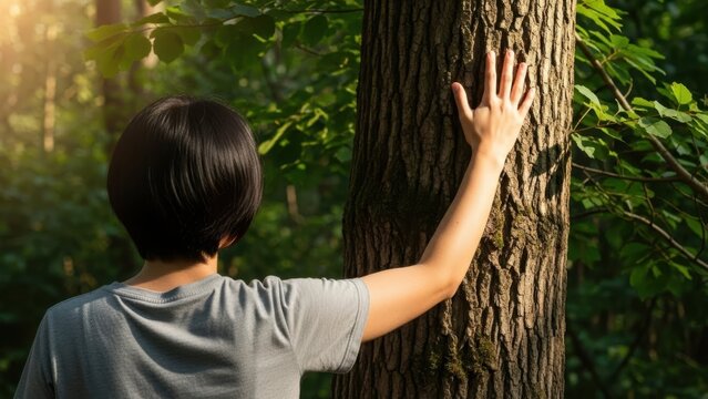 Person touching a tree trunk in a forest with green foliage around