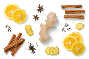 Collection of natural winter ingredients including fresh ginger root and slices, lemon slices, cinnamon stick, star anise and black peppercorns, isolated on a transparent background. High-quality PNG 
