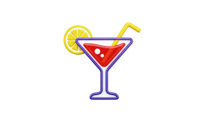 3D icon of a cocktail with lemon and straw on transparent background