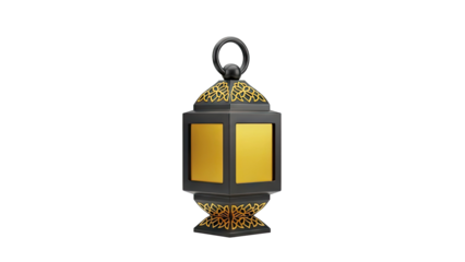 3D Islamic Lantern with ornate gold patterns on transparent background
