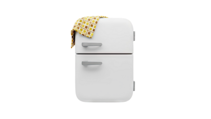 Retro refrigerator with a checkered cloth draped on top on transparent background