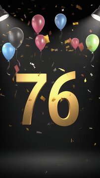 Number 76 in the spotlights with balloons in the background. Festive scene for birthday or anniversary party