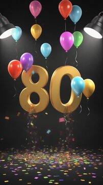 Number 80 in the spotlights with balloons in the background. Festive scene for birthday or anniversary party