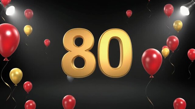 Number 80 in the spotlights with balloons in the background. Festive scene for birthday or anniversary party