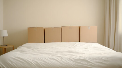 Cardboard boxes bed white bedding moving minimal clean home interior calm