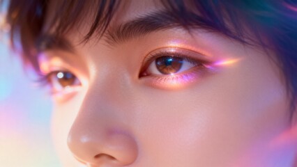 Closeup of a persons eye with colorful lighting