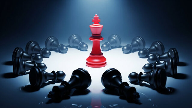 Red queen chess piece standing strong against fallen black pieces
