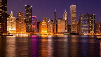 Obraz premium Nighttime city skyline with illuminated buildings