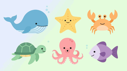 Cute Cartoon Sea Creatures Illustration Featuring Whale, Starfish, Crab, Turtle, Octopus, and Fish on a Gradient Background © Abhinaya Project