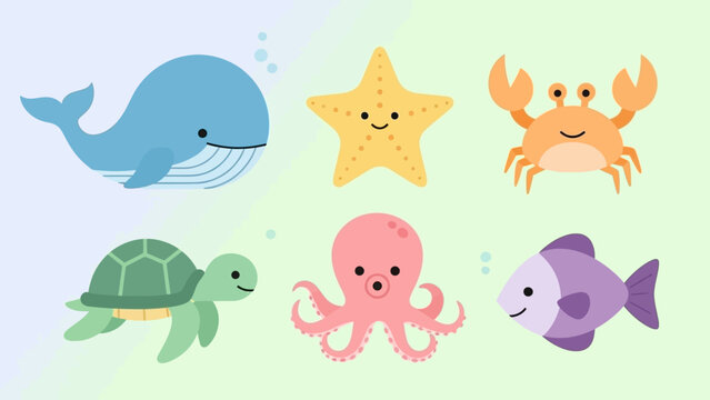 Cute Cartoon Sea Creatures Illustration Featuring Whale, Starfish, Crab, Turtle, Octopus, and Fish on a Gradient Background