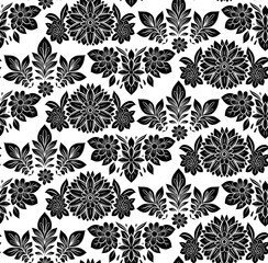 Vector seamless pattern with decorative black flowers and leaves on white background. Monochrome tracery folk art ornamental style