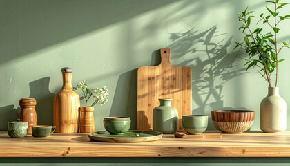 Serene kitchen scene with wooden utensils, ceramic bowls, and cutting board on wooden countertop, bathed in natural light