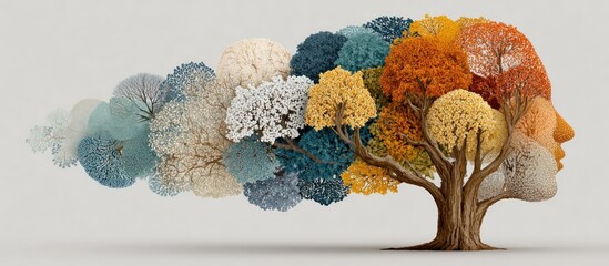 A tree with leaves shaped like a human face, in autumnal hues